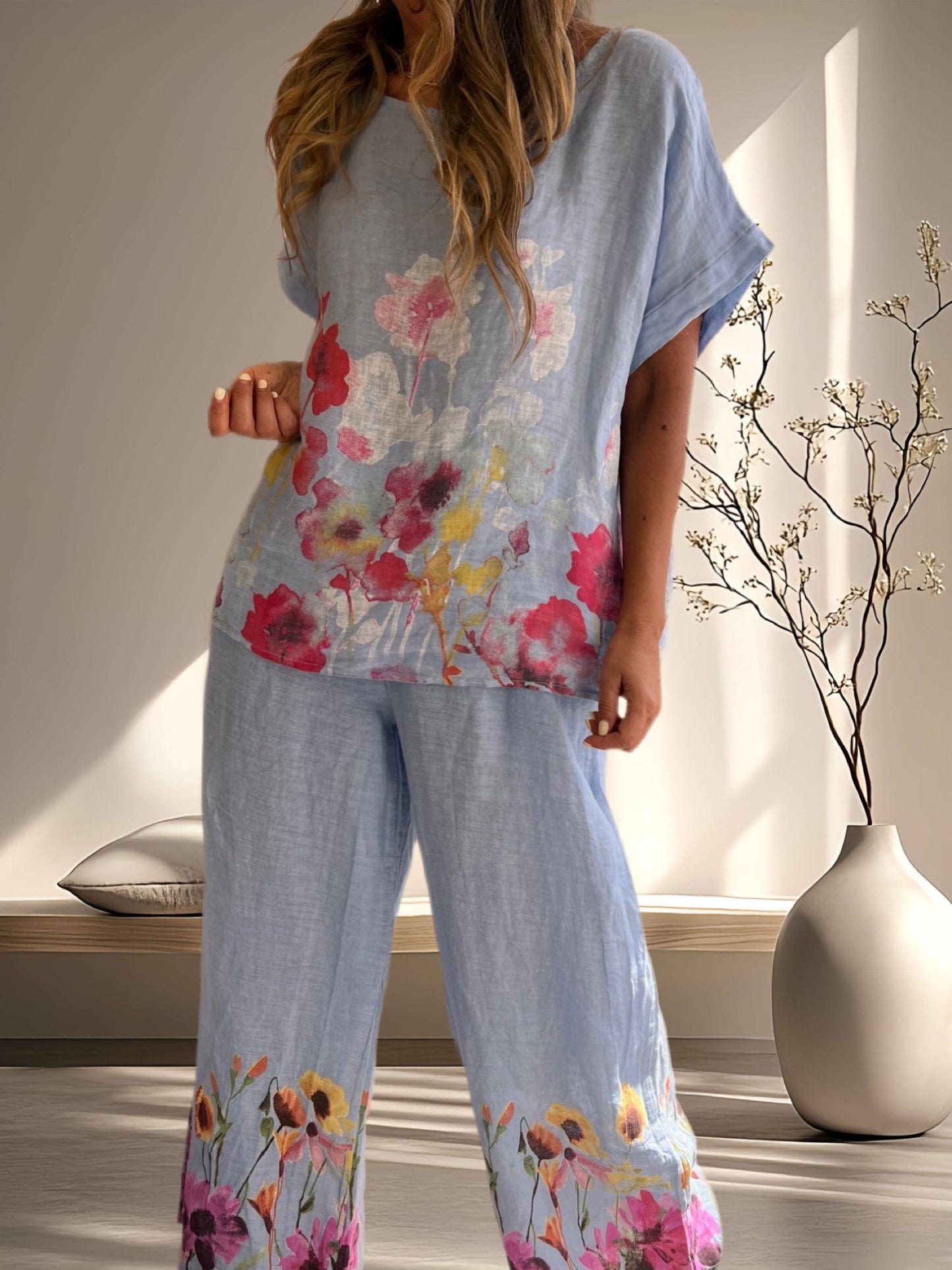 Conjunto lino flores fondo celeste (Italiano 🇮🇹)