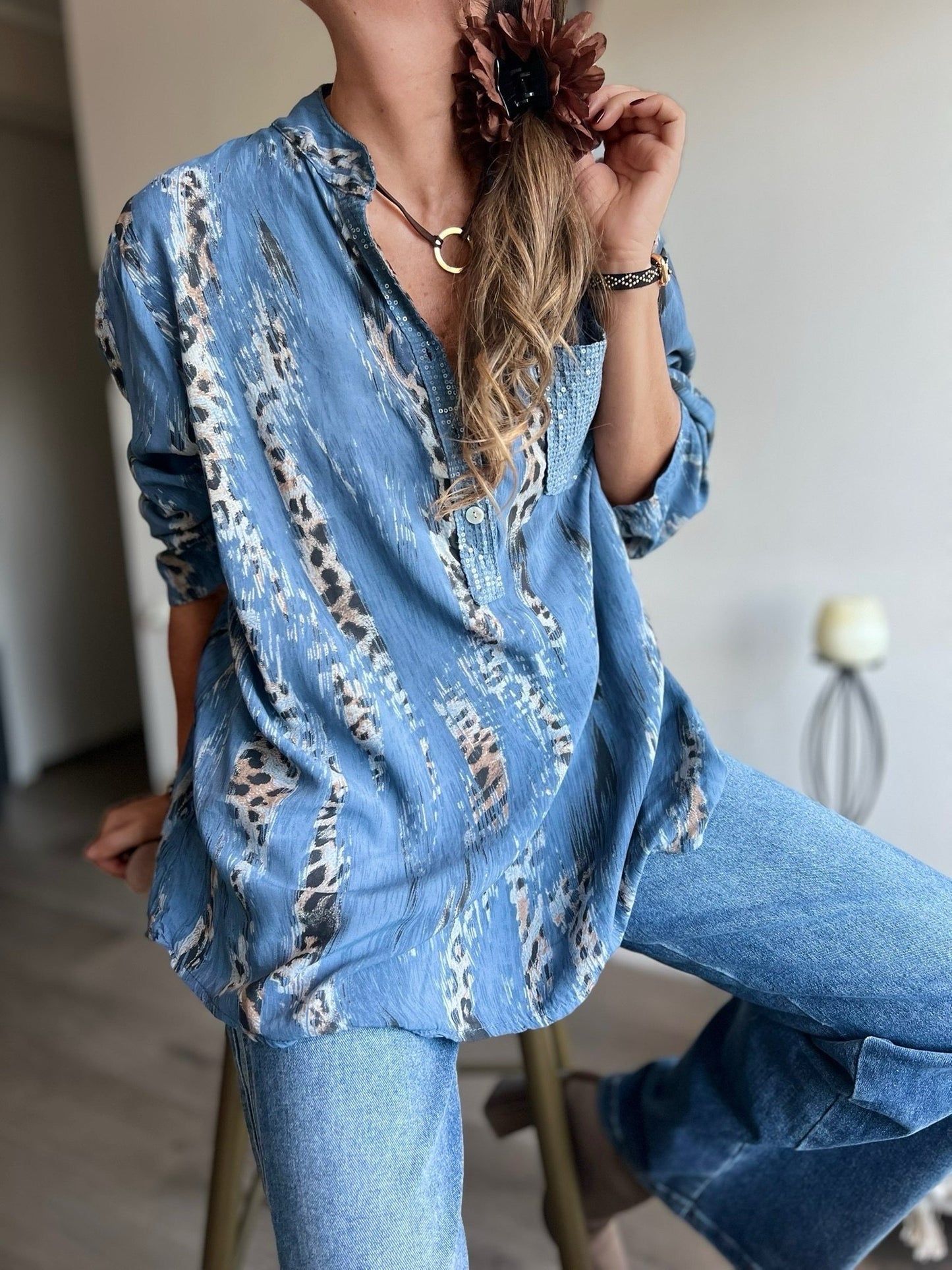 Blusa animal print azul jeans (Italiana 🇮🇹)