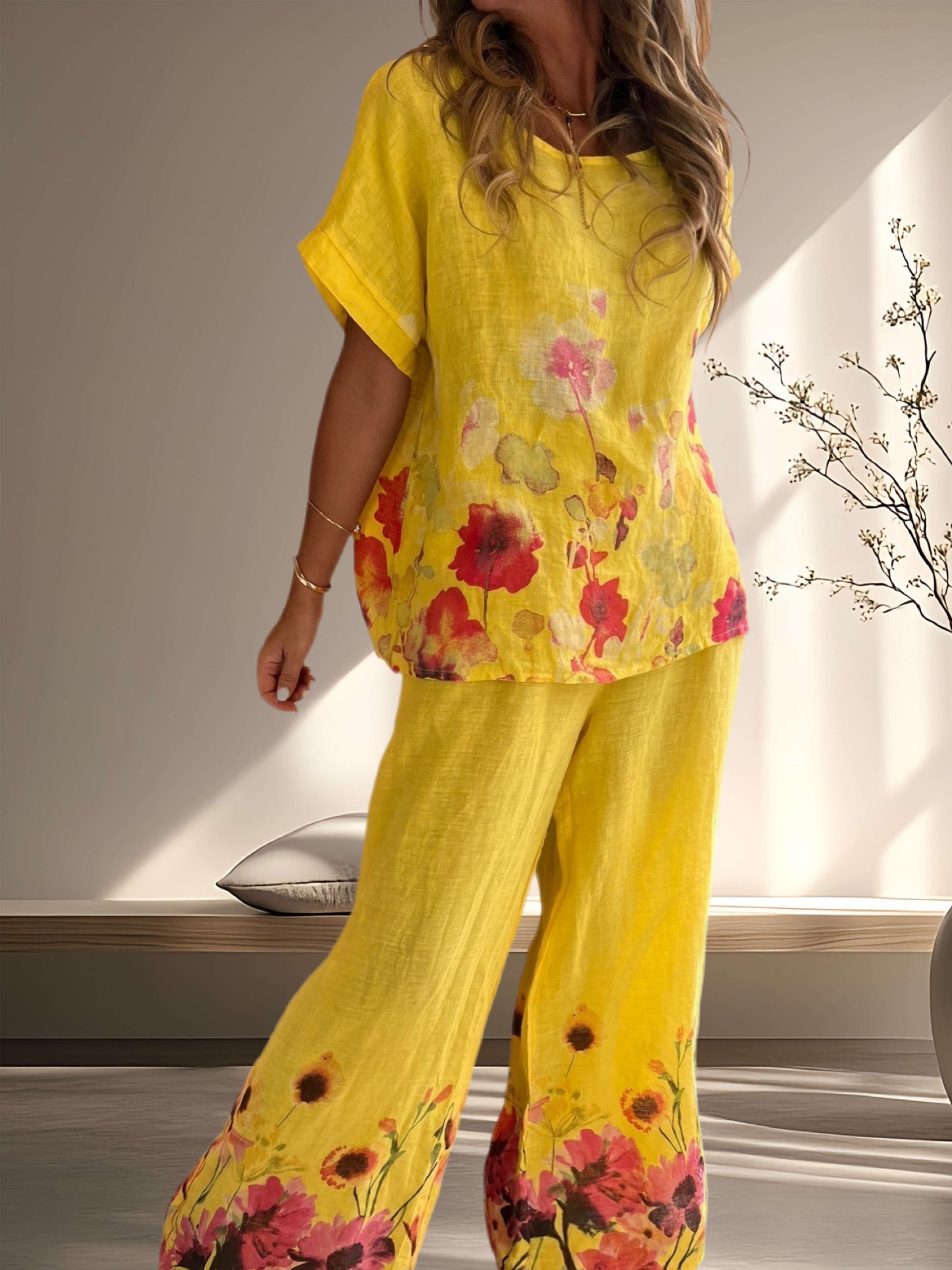 Conjunto lino fondo amarillo con flores (Italiano 🇮🇹)