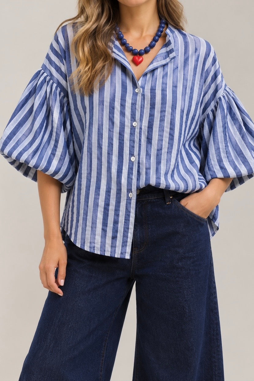 Blusa franjas azul y celeste manga englobada (Italiana 🇮🇹) / Avance de Temporada