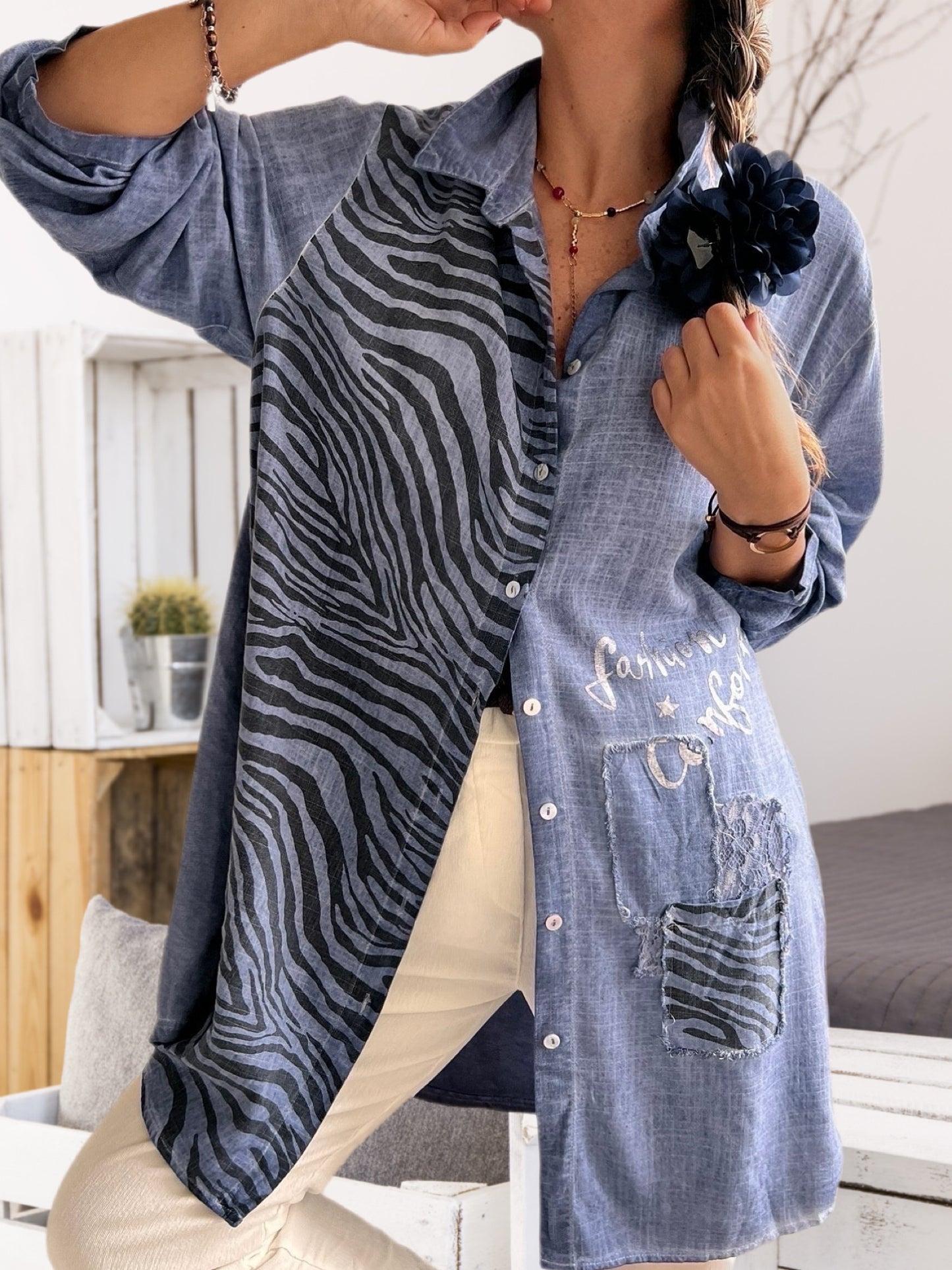 Blusón animal print azul jeans / Avance de Temporada