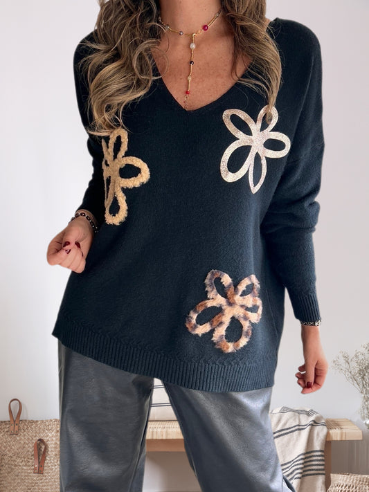 Sweater flor spandex negro