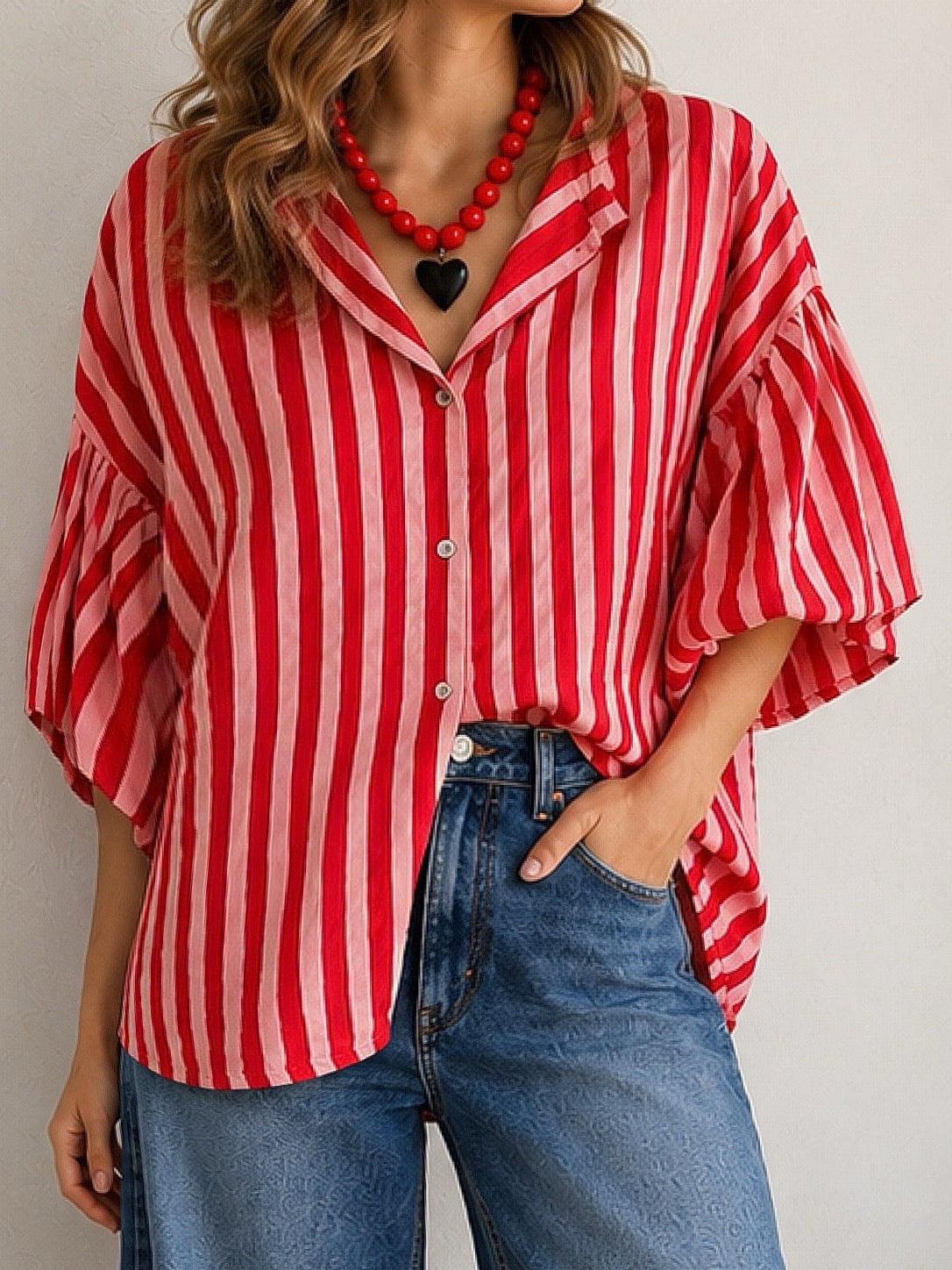 Blusa franjas roja y rosada manga englobada (Italiana 🇮🇹) / Avance de Temporada