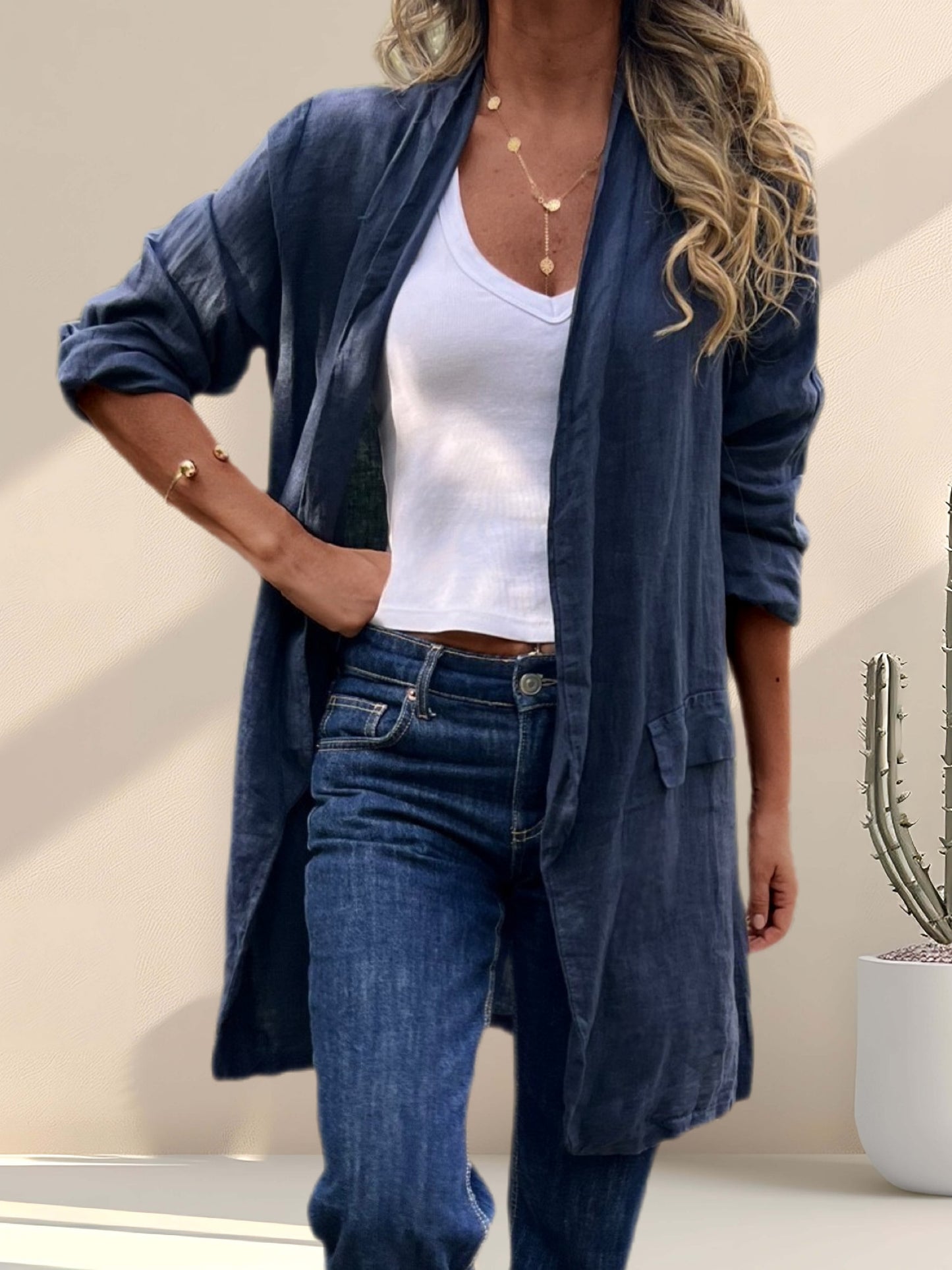 Tapado estilo blazer lino azul marino (Italiano 🇮🇹)