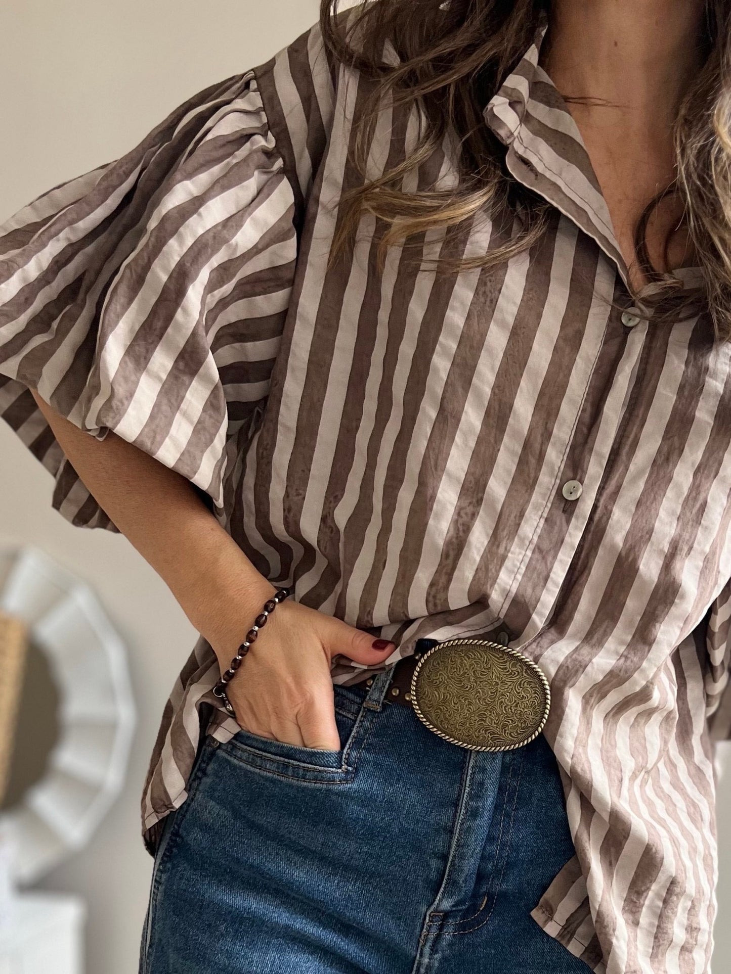 Blusa franjas café y beige manga englobada (Italiana 🇮🇹) / Avance de Temporada