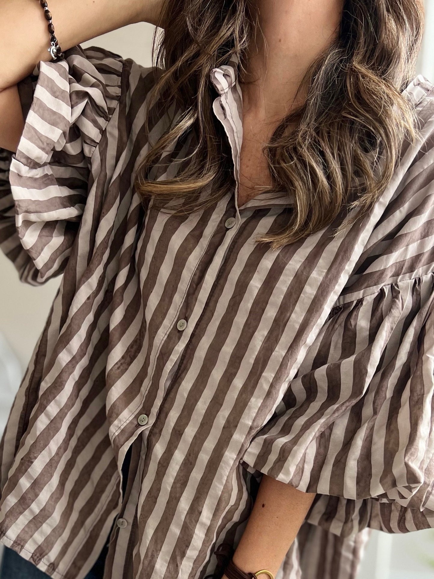 Blusa franjas café y beige manga englobada (Italiana 🇮🇹) / Avance de Temporada