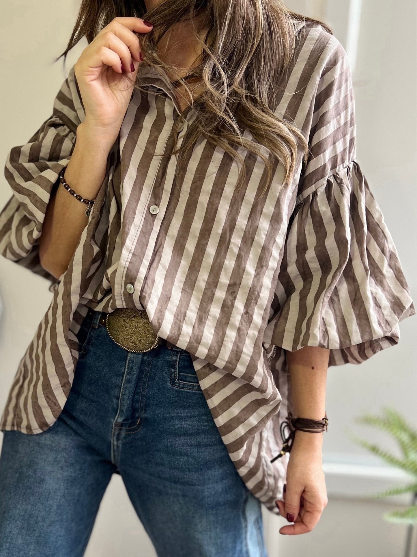 Blusa franjas café y beige manga englobada (Italiana 🇮🇹) / Avance de Temporada
