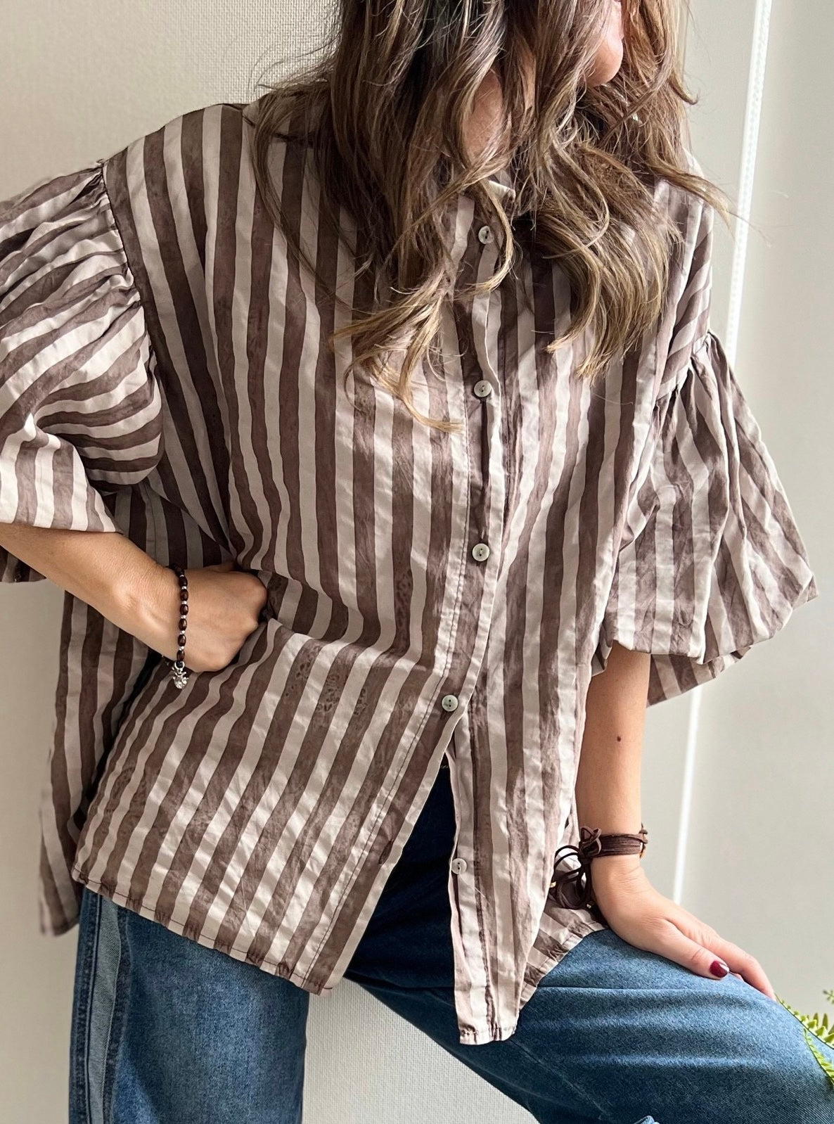 Blusa franjas café y beige manga englobada (Italiana 🇮🇹) / Avance de Temporada