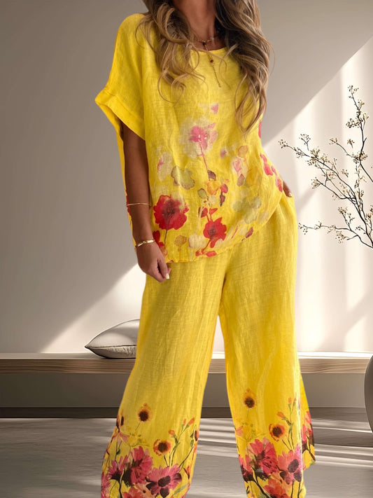 Conjunto lino fondo amarillo con flores (Italiano 🇮🇹)