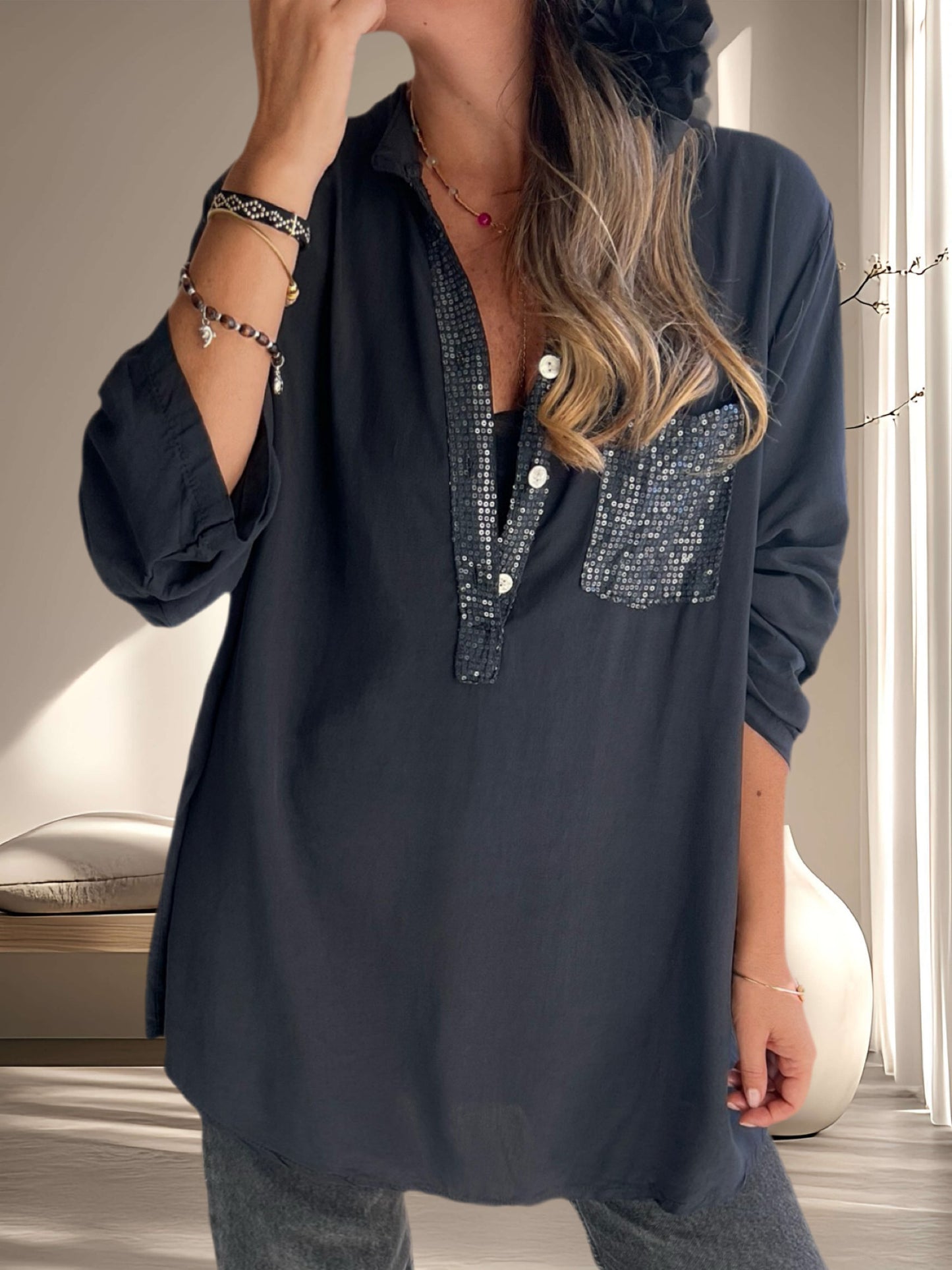 Blusa brillo bolsillo negra (Italiana 🇮🇹)