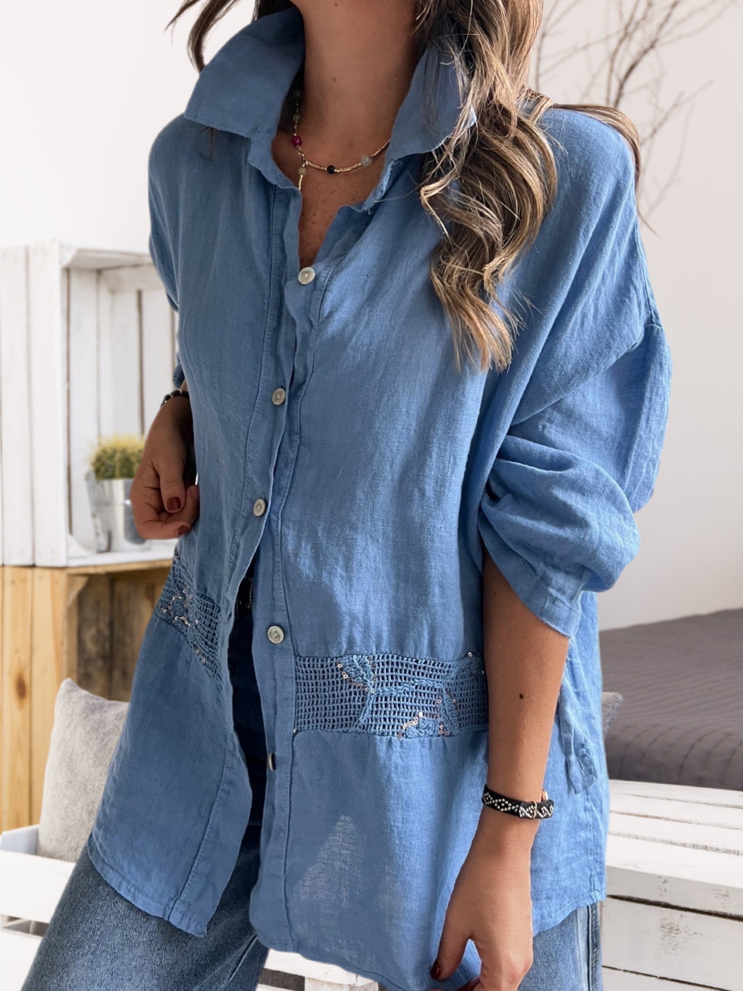 Camisa lino franja crochet, color celeste jeans (Italiana 🇮🇹) / Avance de Temporada