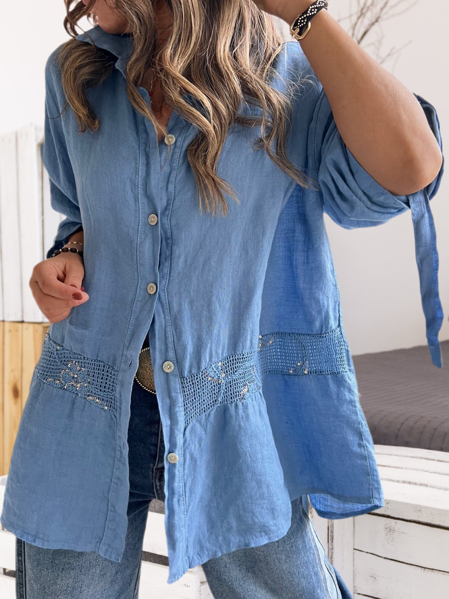 Camisa lino franja crochet, color celeste jeans (Italiana 🇮🇹) / Avance de Temporada