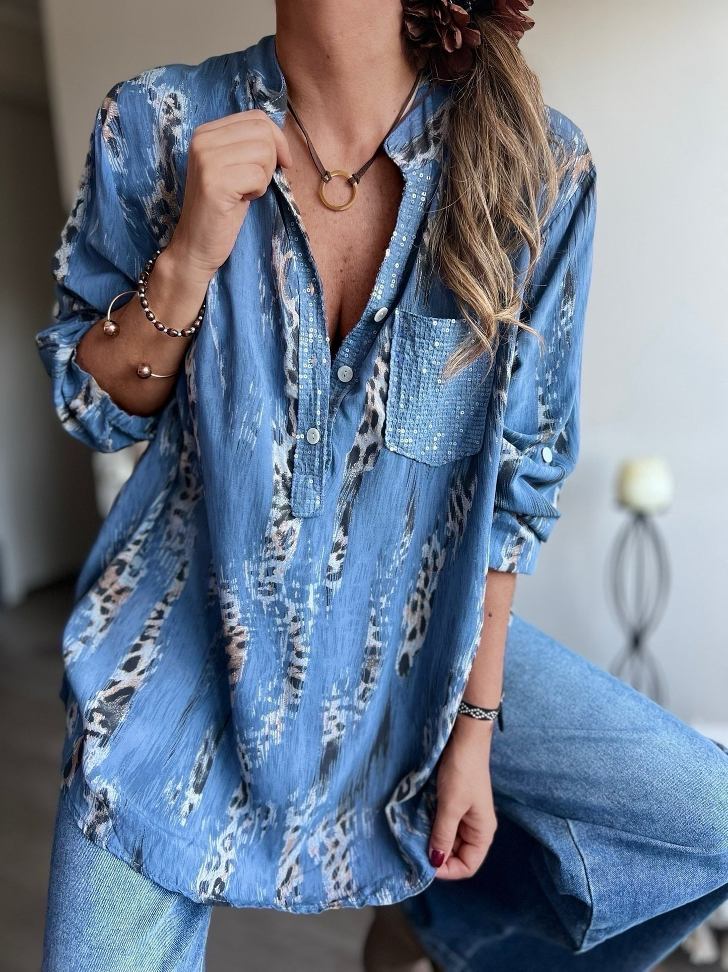 Blusa animal print azul jeans (Italiana 🇮🇹)