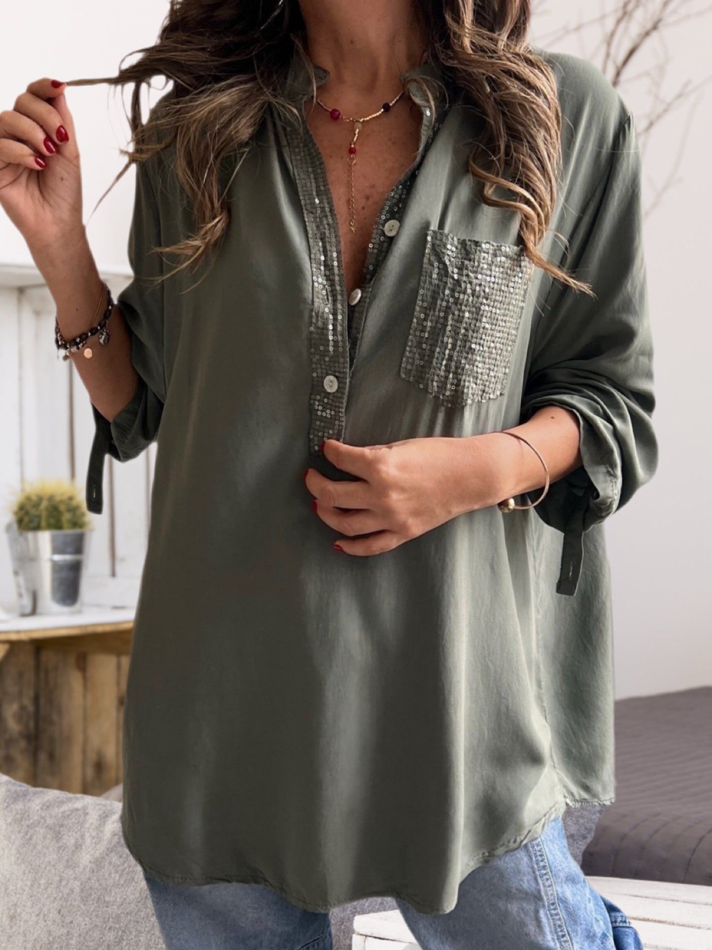 Blusa brillo bolsillo verde musgo (Italiana 🇮🇹)