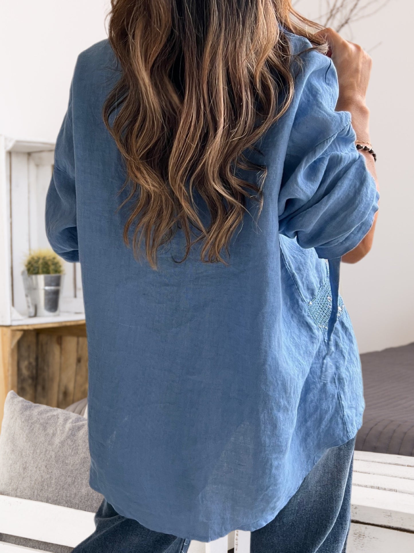Camisa lino franja crochet, color celeste jeans (Italiana 🇮🇹) / Avance de Temporada