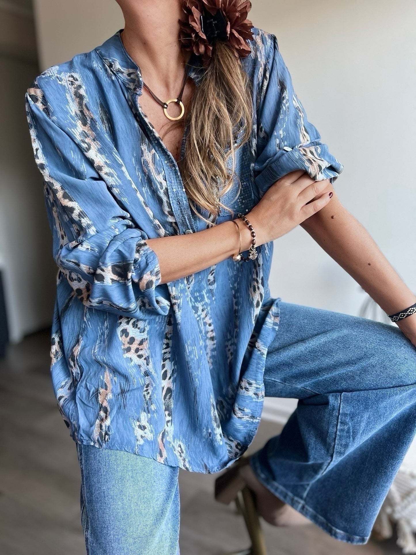 Blusa animal print azul jeans (Italiana 🇮🇹)