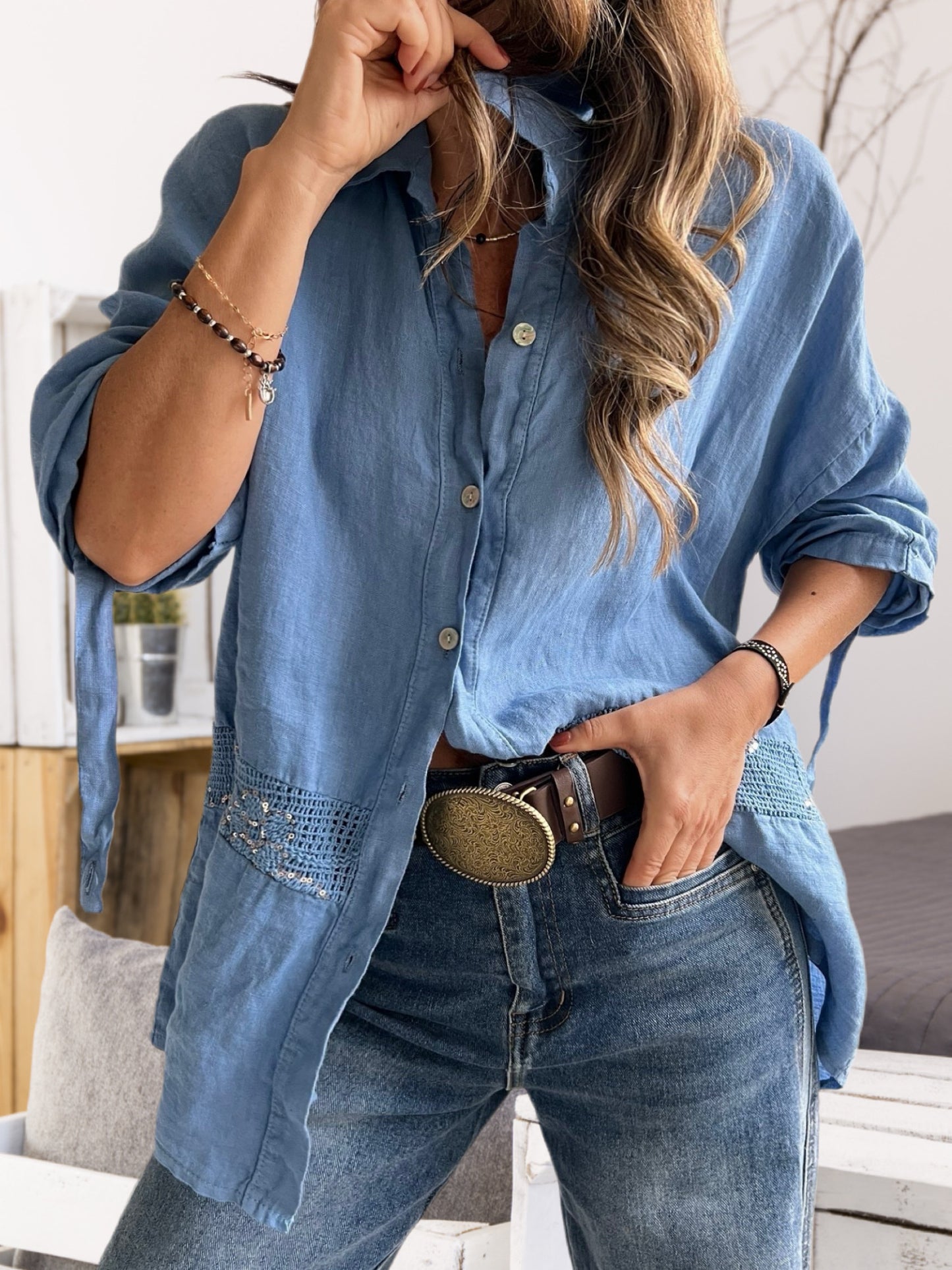 Camisa lino franja crochet, color celeste jeans (Italiana 🇮🇹) / Avance de Temporada