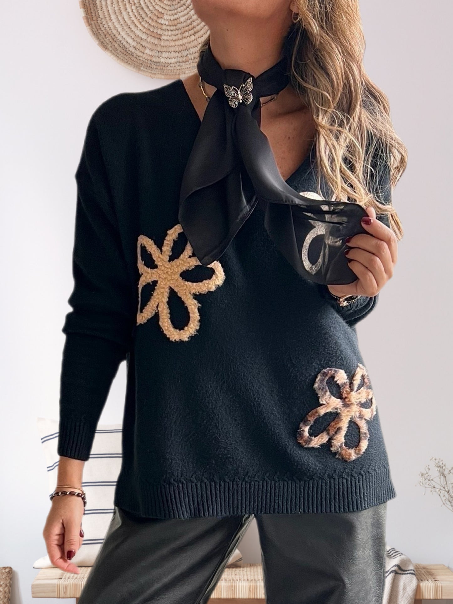 Sweater flor spandex negro