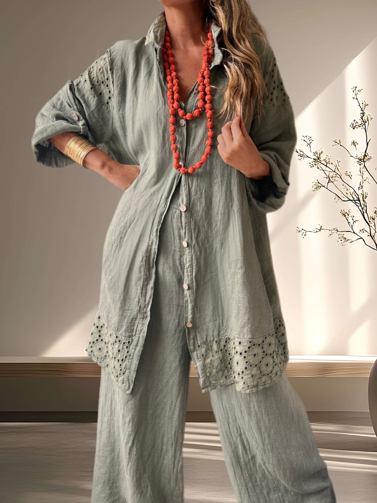 Conjunto Alonsa color verde musgo (lino Italiano 🇮🇹)