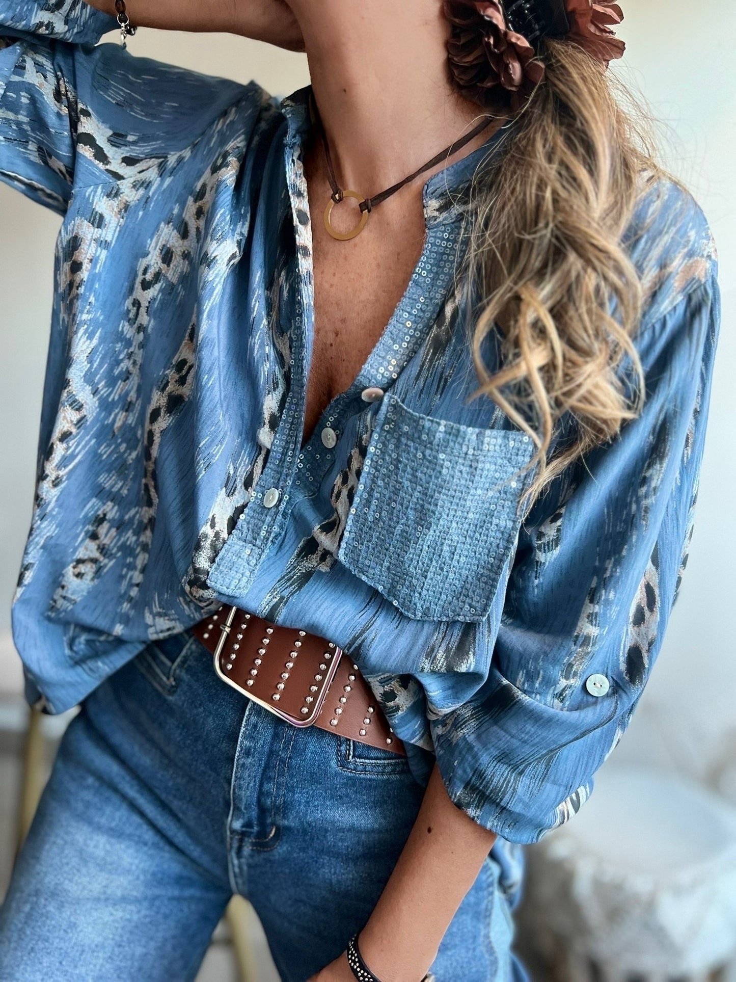 Blusa animal print azul jeans (Italiana 🇮🇹)