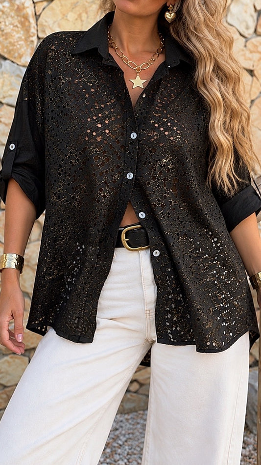 Blusa calada foil negra / Avance de Temporada