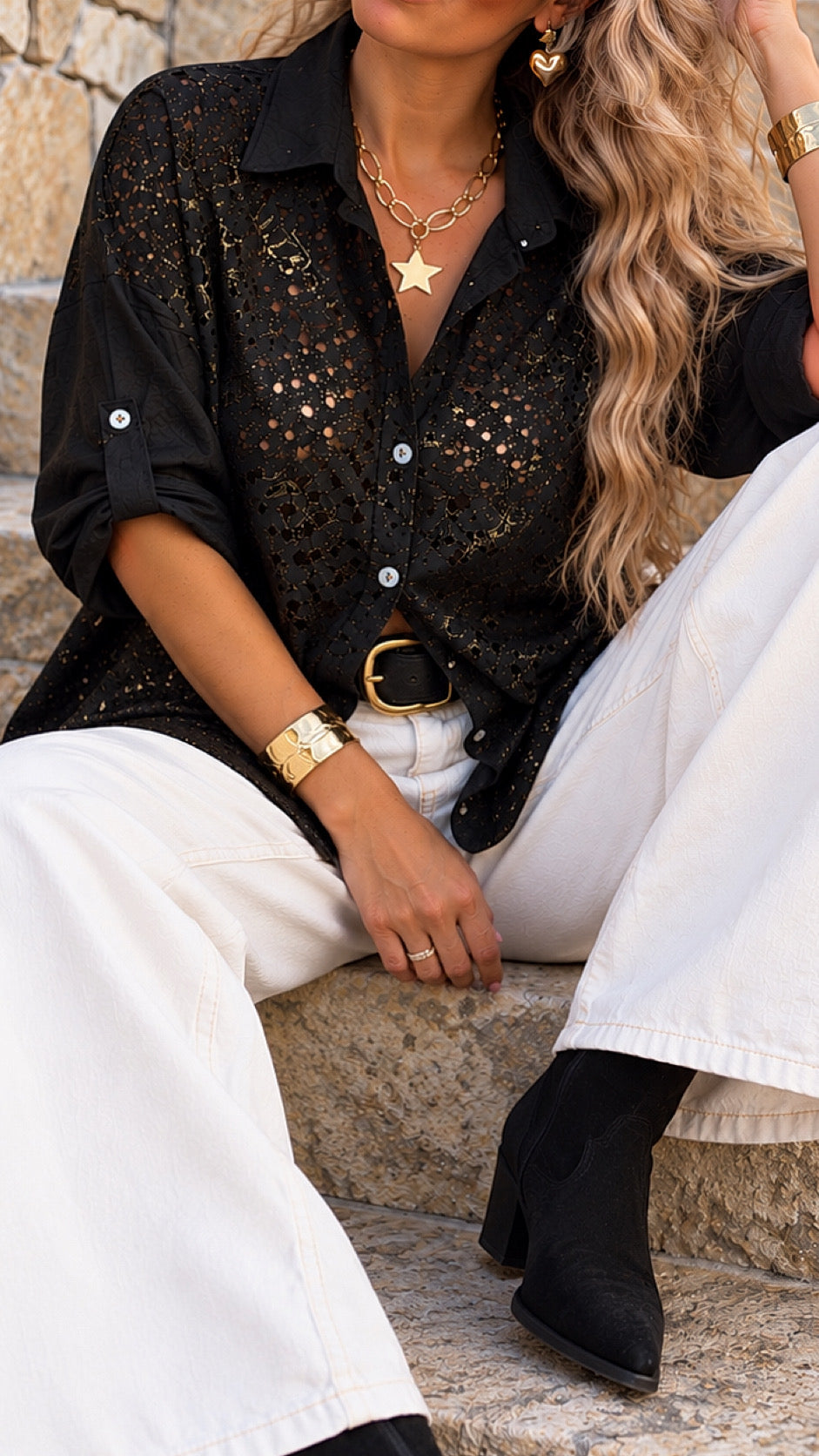 Blusa calada foil negra / Avance de Temporada