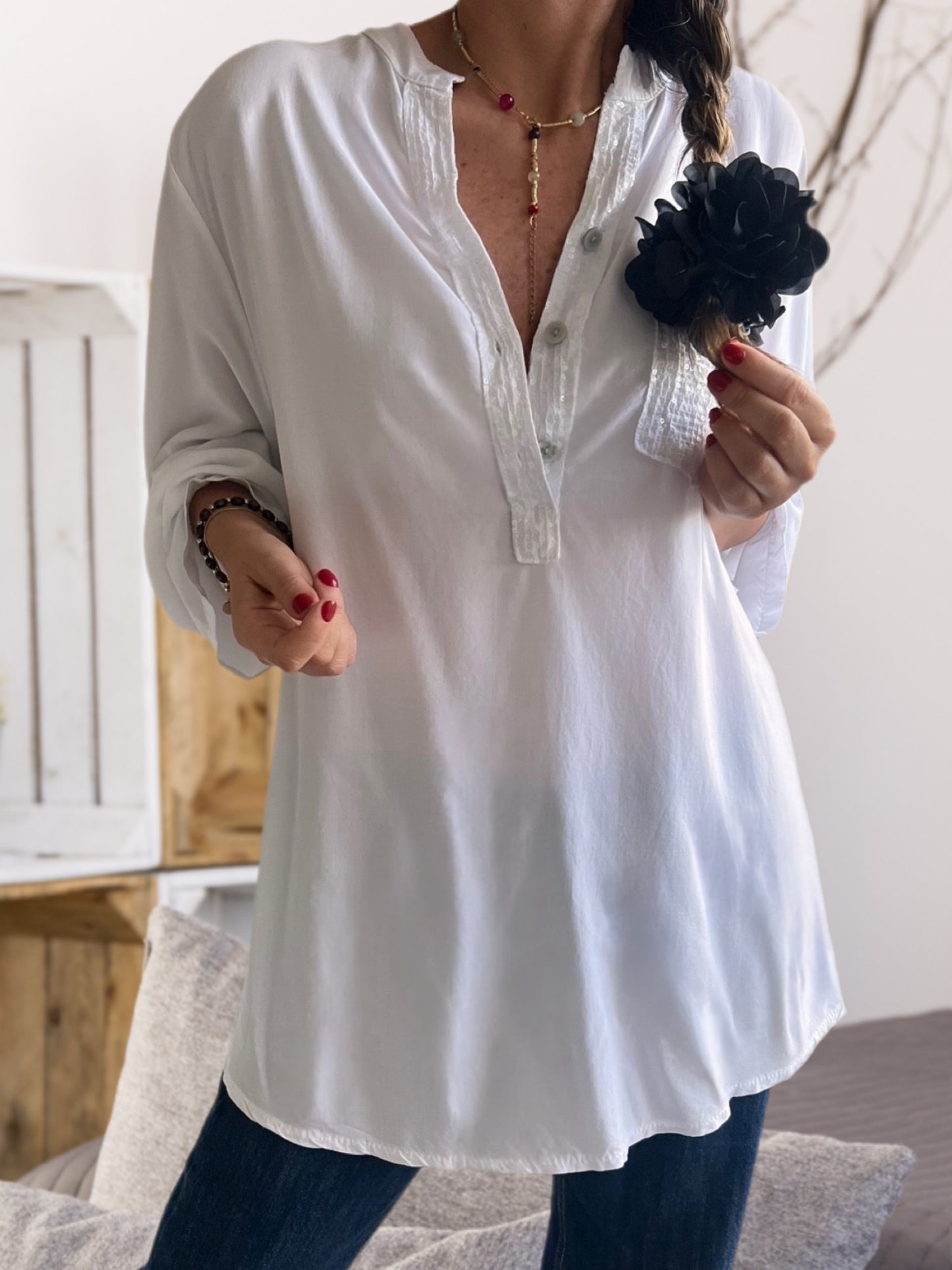 Blusa bolsillo brillo blanca (Italiana 🇮🇹)