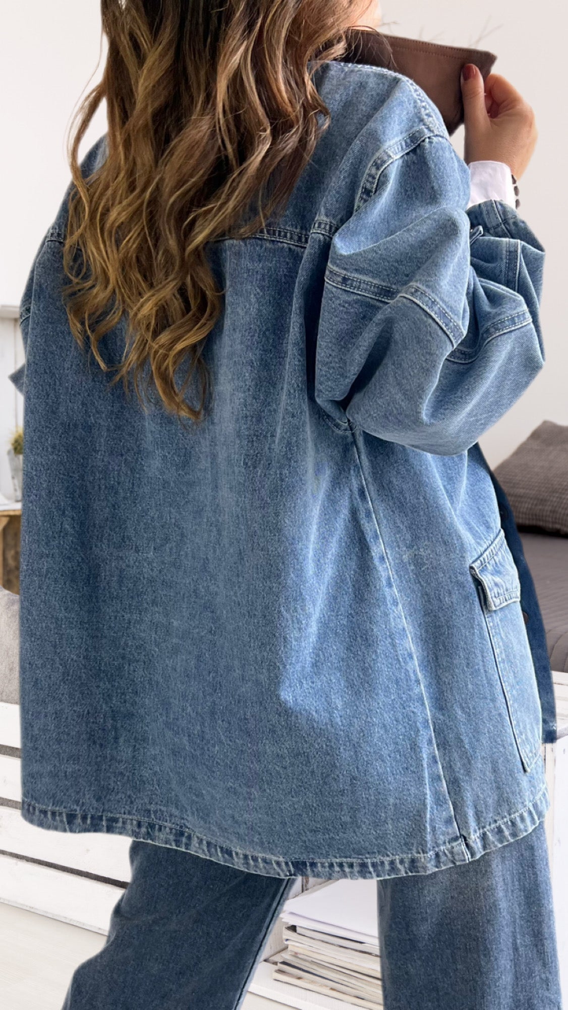Chaqueta jeans cuello ecocuero café