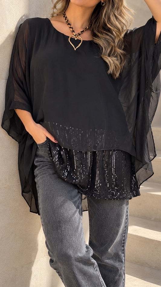 Blusa de gasa con brillo negra / Avance de Temporada