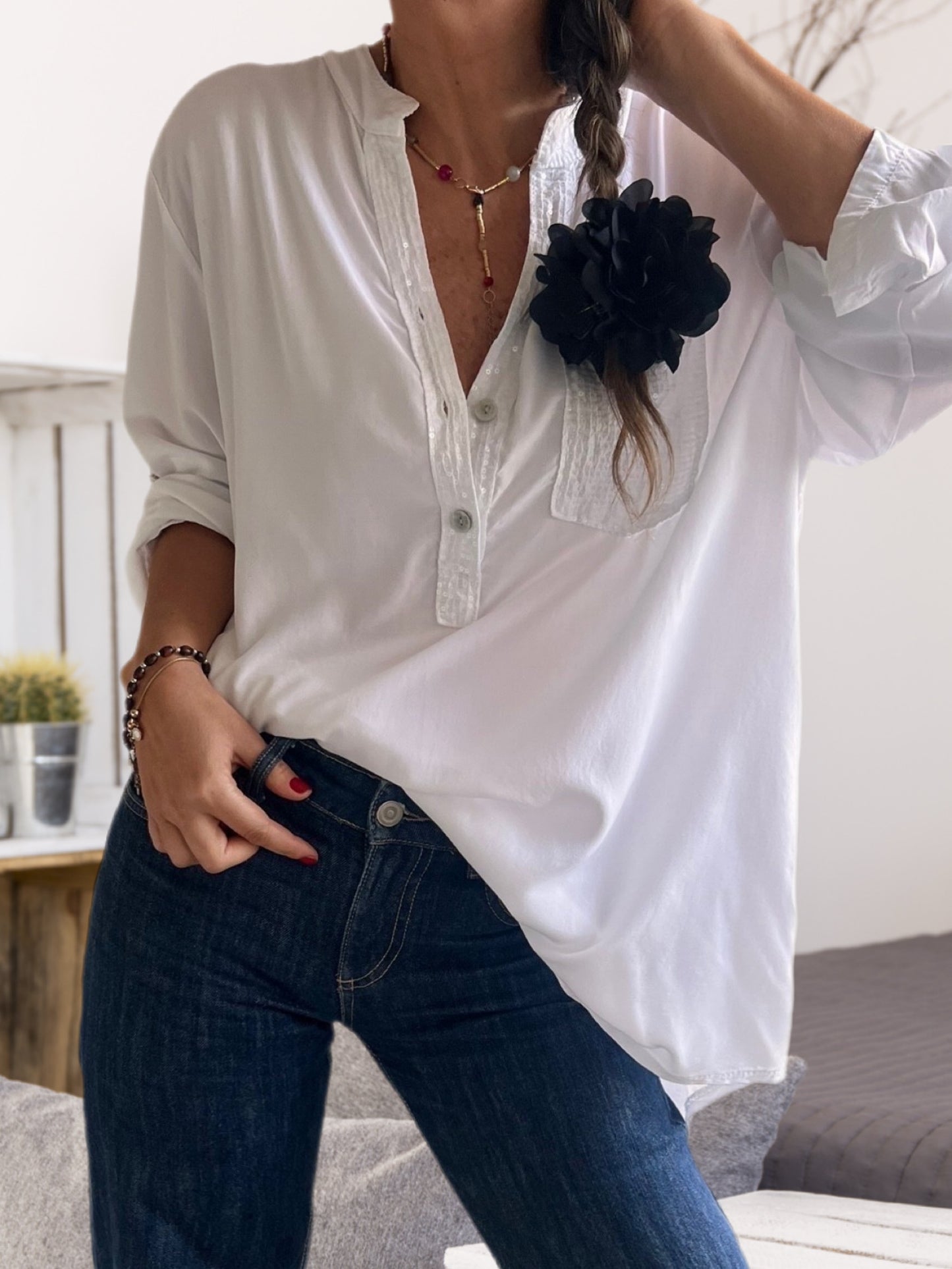 Blusa bolsillo brillo blanca (Italiana 🇮🇹)