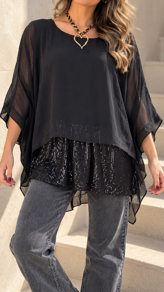 Blusa de gasa con brillo negra / Avance de Temporada