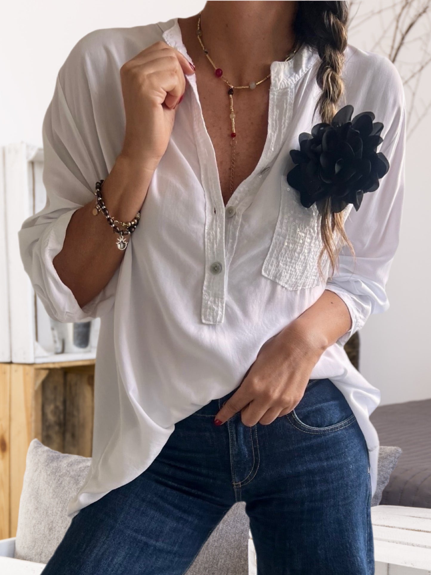 Blusa bolsillo brillo blanca (Italiana 🇮🇹)