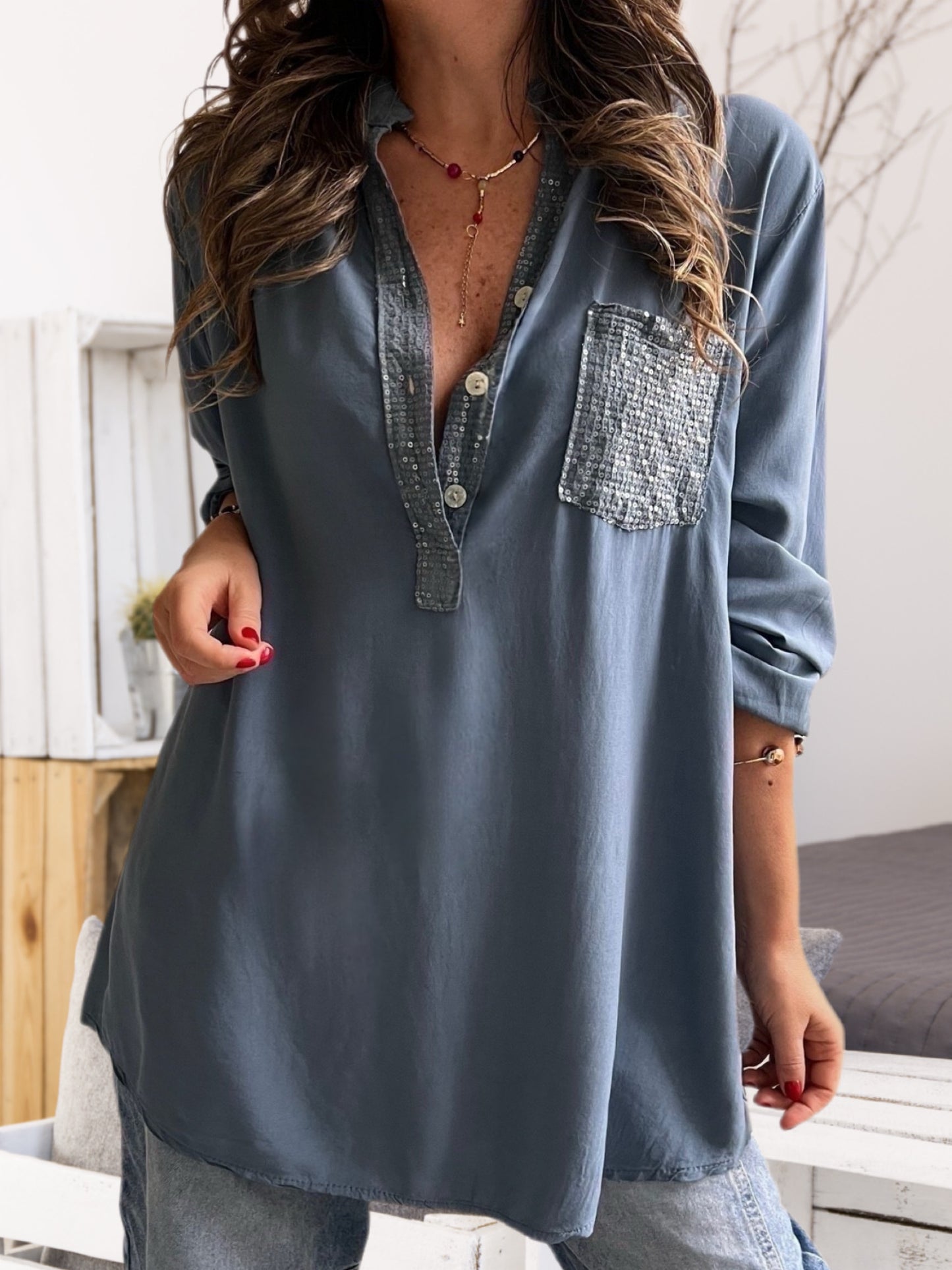 Blusa brillo bolsillo azul jeans (Italiana 🇮🇹)