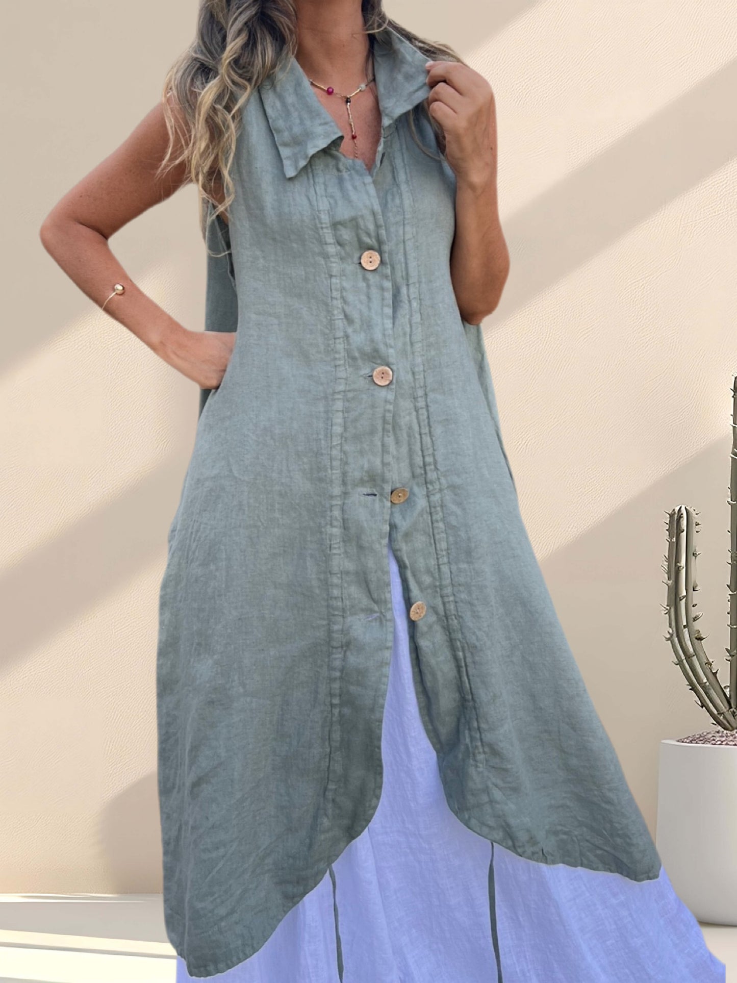 Blusón lino verde botones (Italiano 🇮🇹)