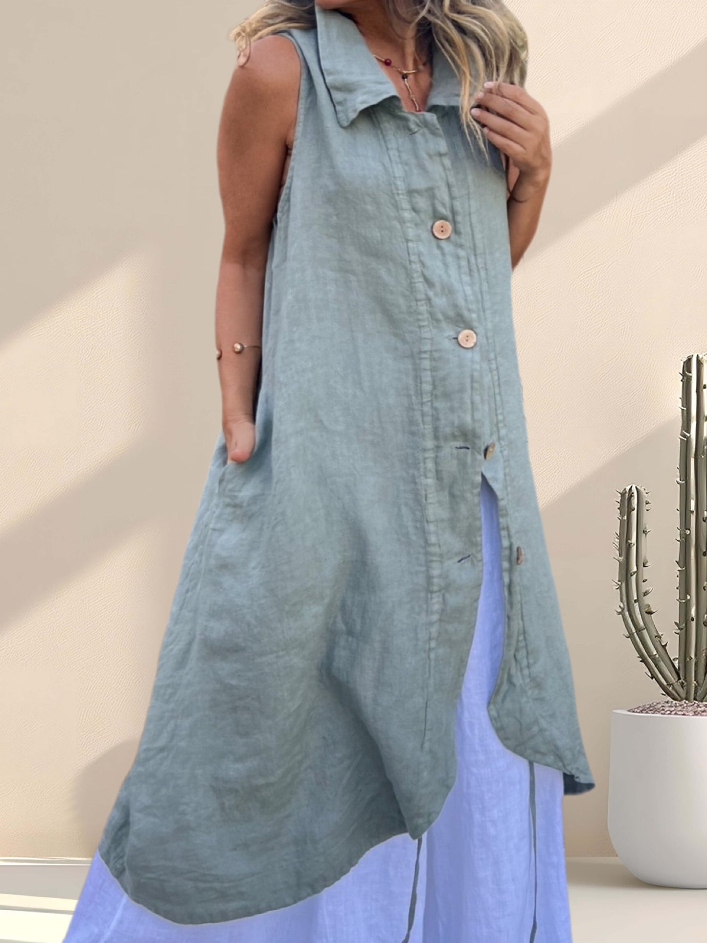 Blusón lino verde botones (Italiano 🇮🇹)