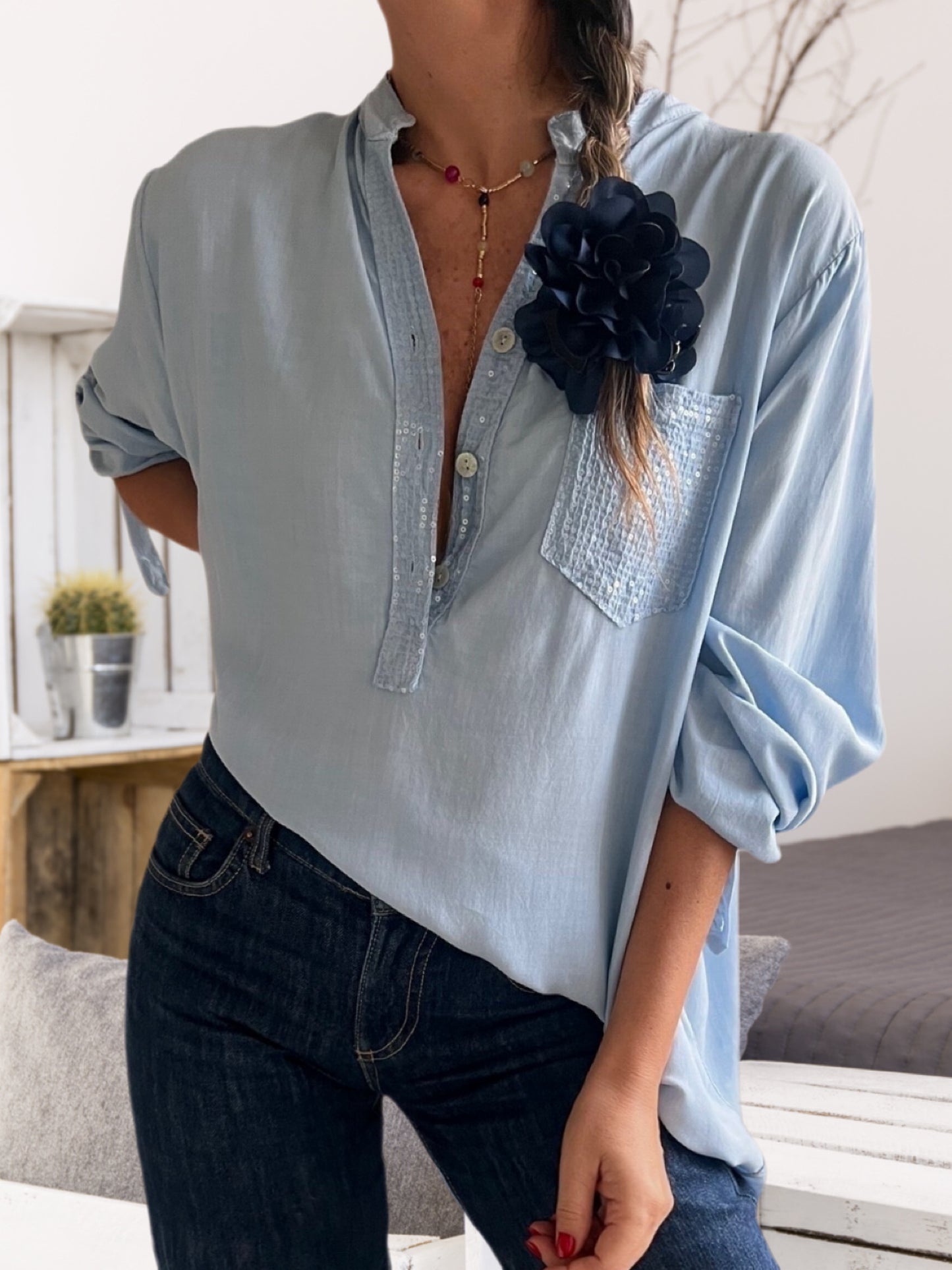 Blusa brillo bolsillo celeste (Italiana 🇮🇹)