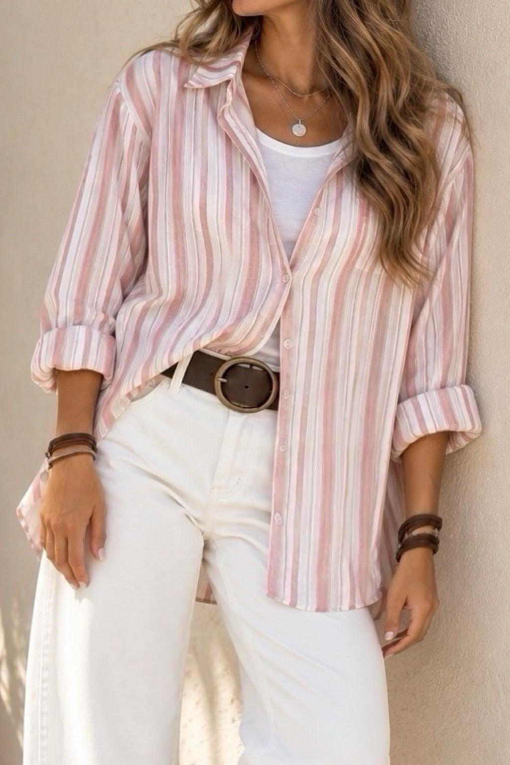 Camisa franjas rosada con polera / Avance de Temporada