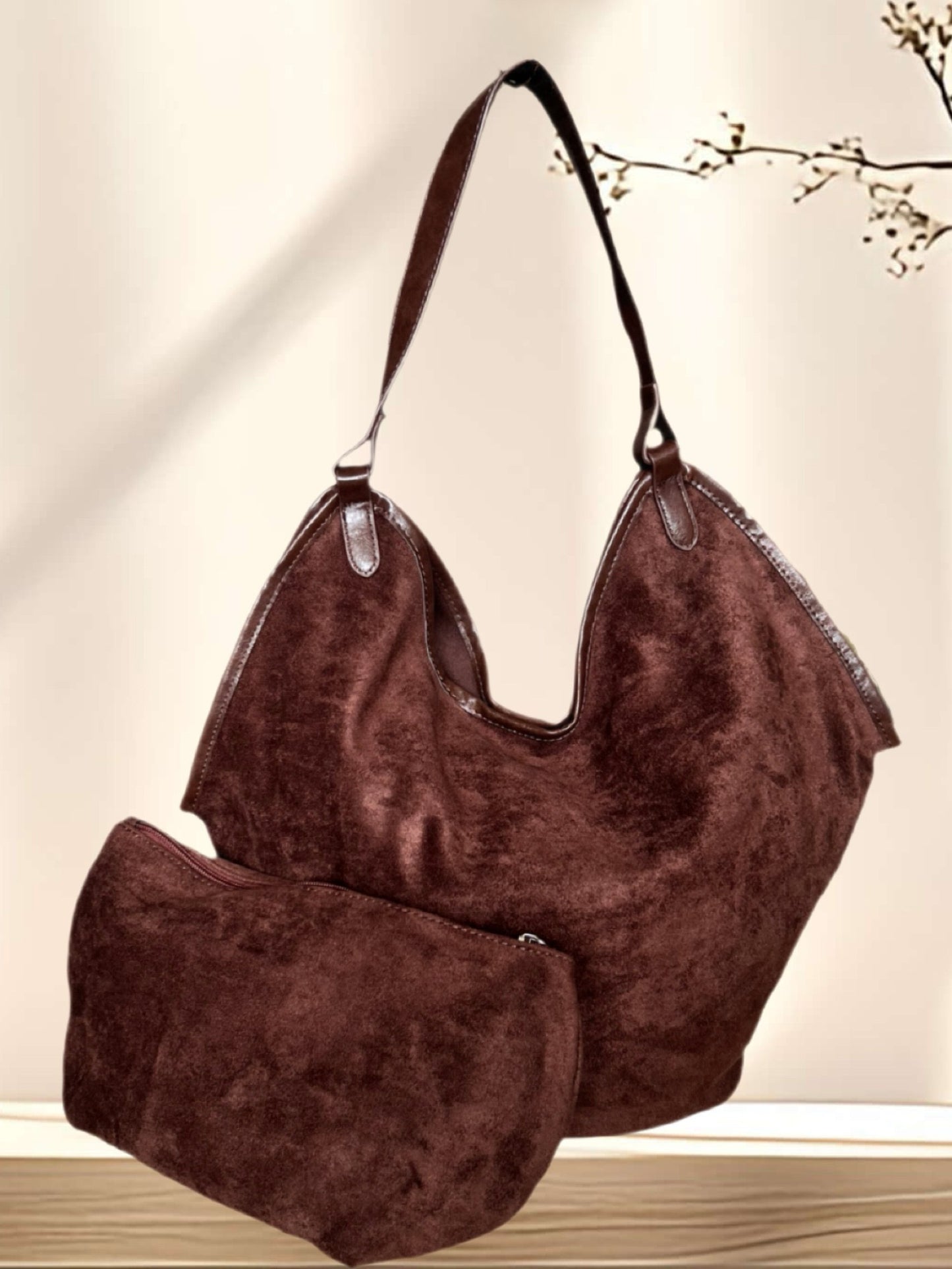 Cartera y cosmetiquero gamuzina chocolate (simil)
