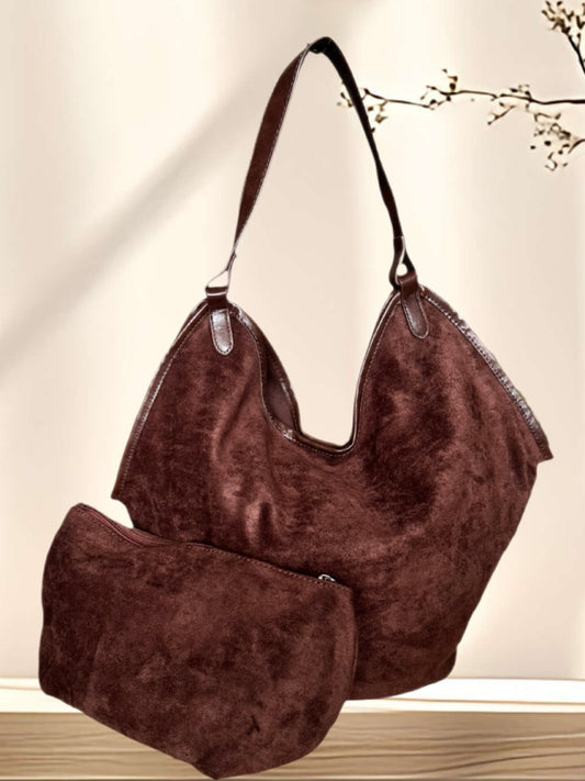 Cartera y cosmetiquero gamuzina chocolate (simil)