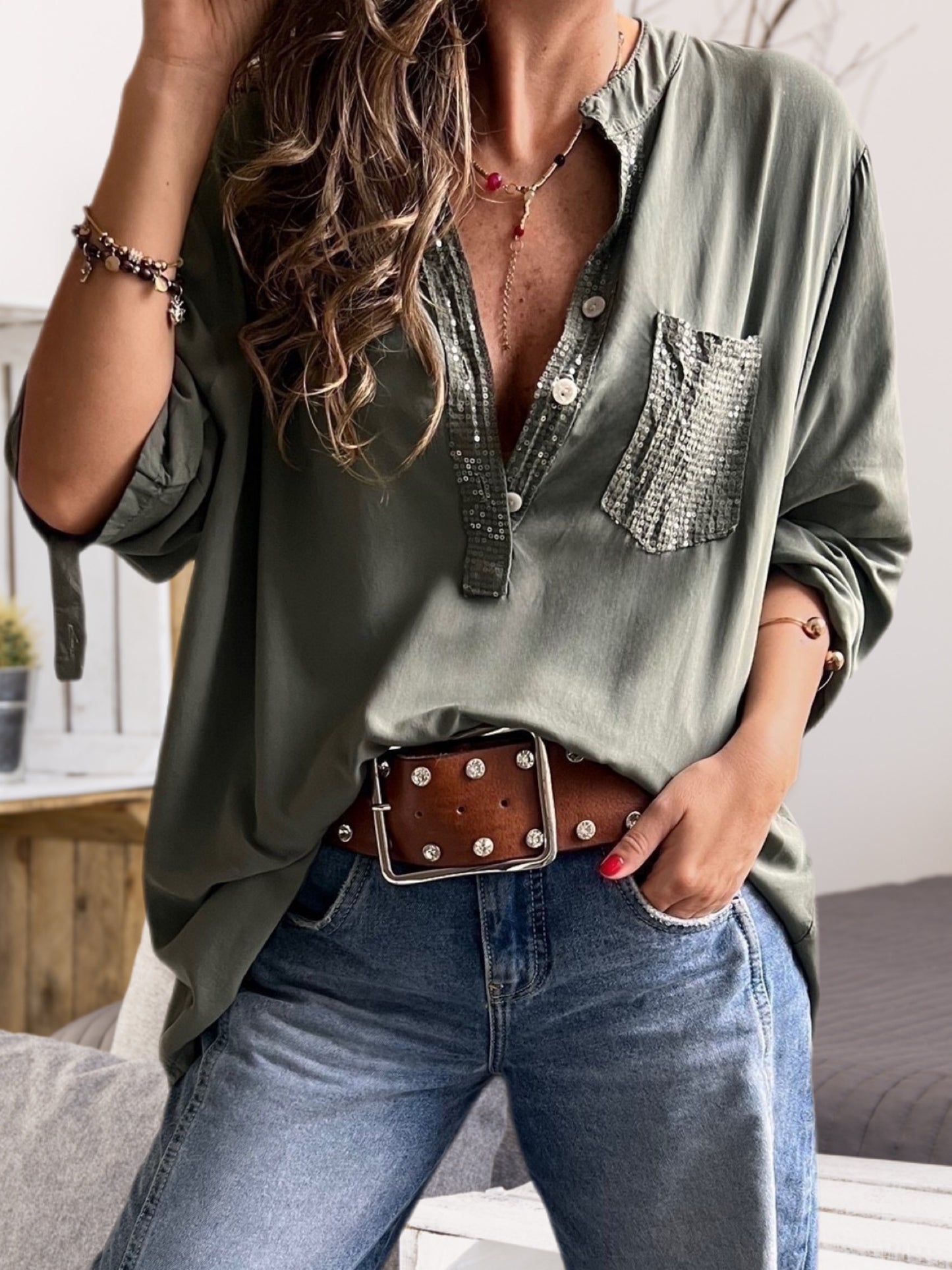 Blusa brillo bolsillo verde musgo (Italiana 🇮🇹)