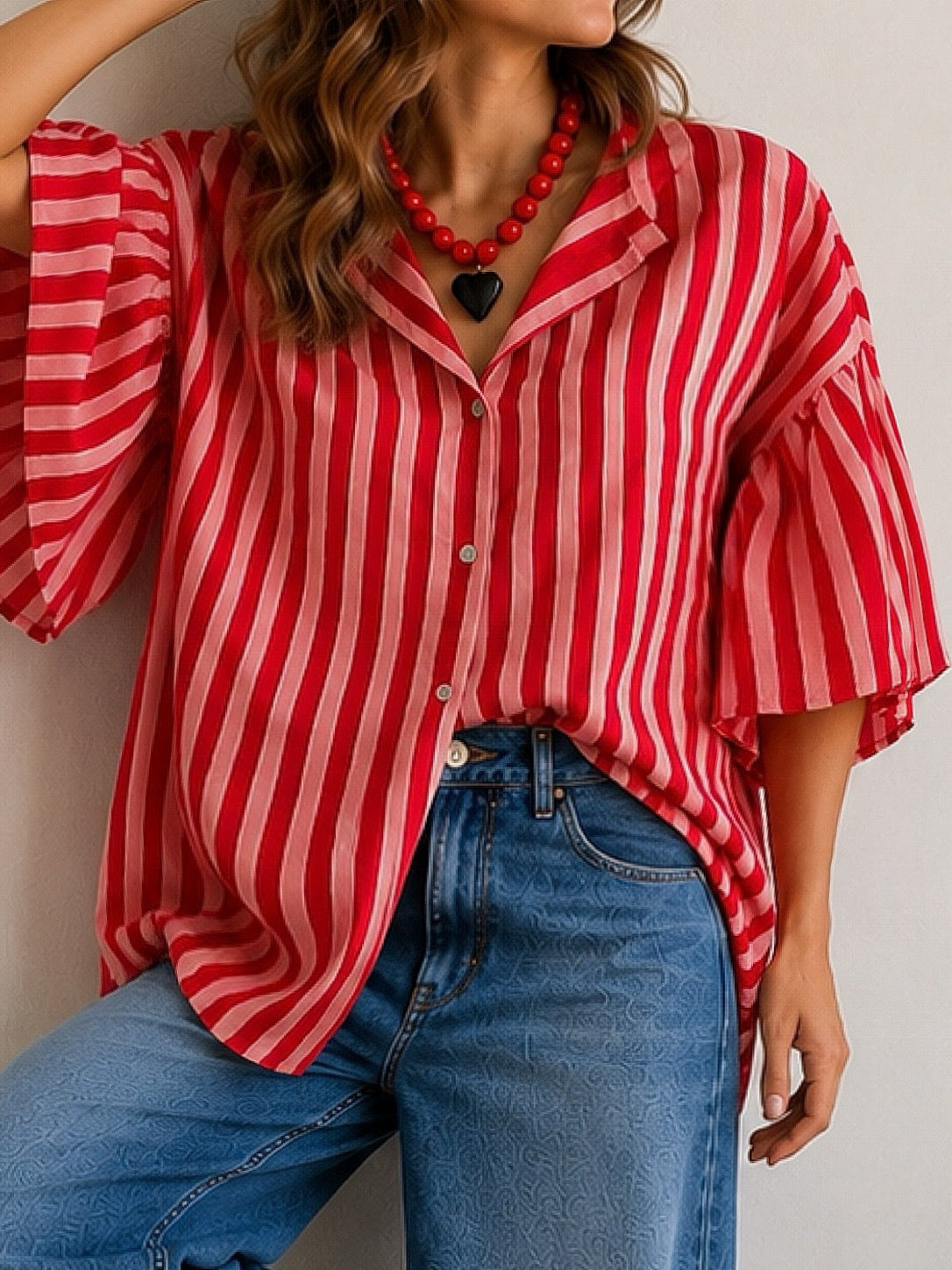 Blusa franjas roja y rosada manga englobada (Italiana 🇮🇹) / Avance de Temporada